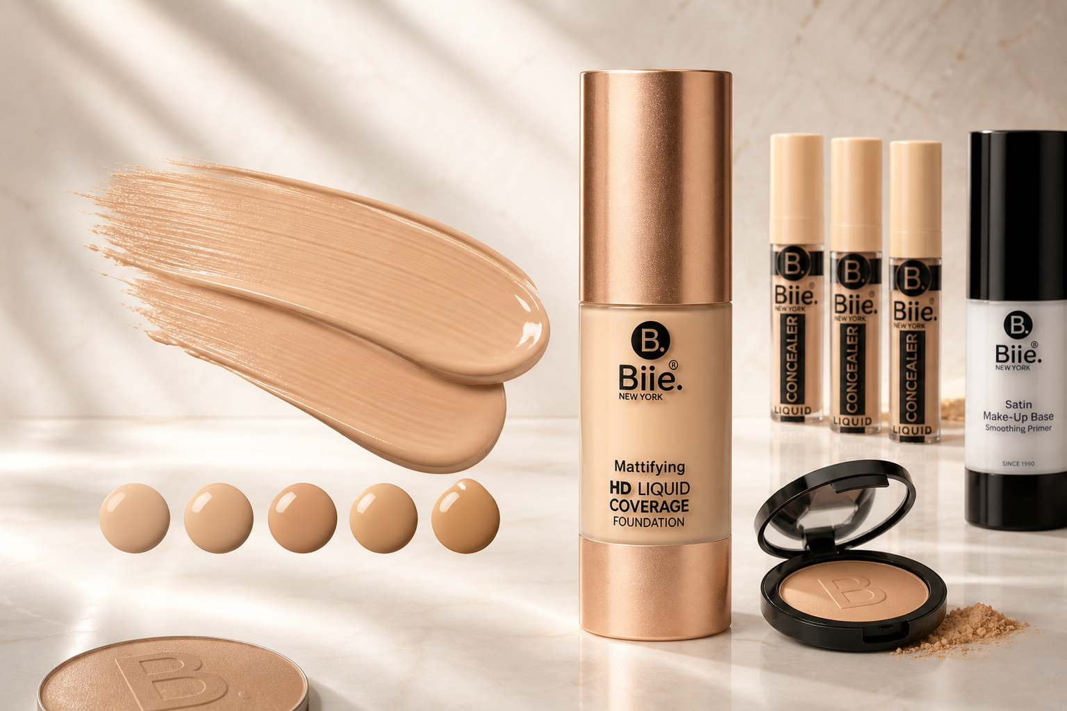 BIEE foundation, concealer, primer, and powder on ivory stone