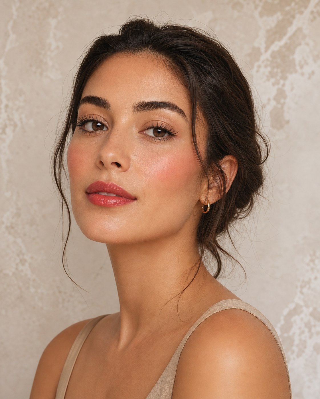 Soft glam makeup look with luminous skin and rose lip