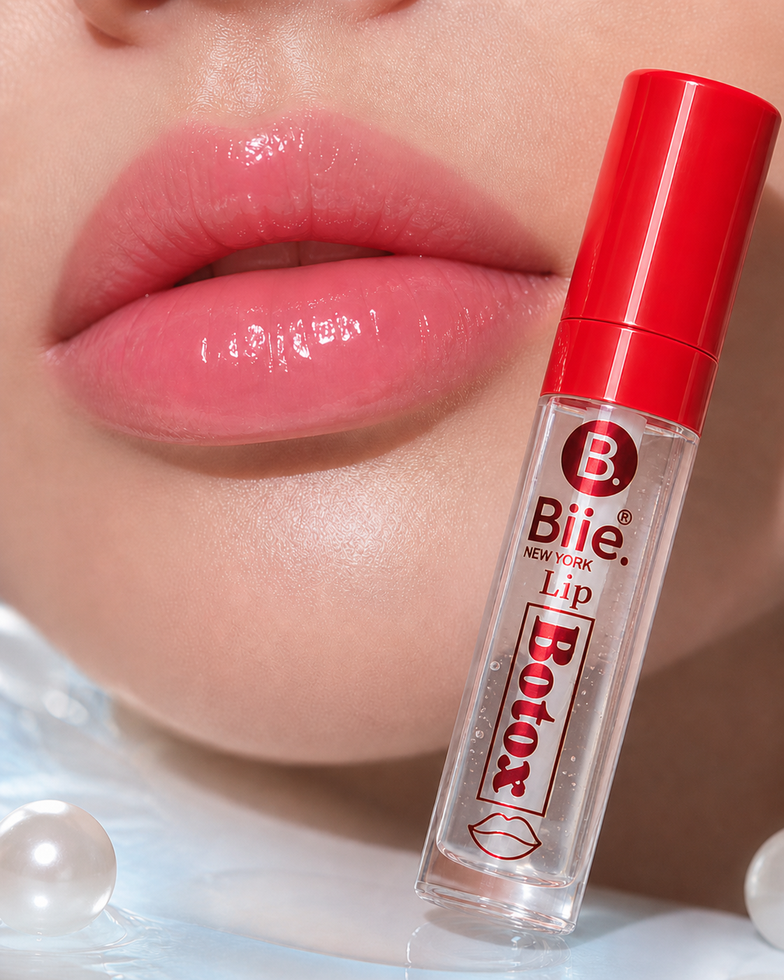 BIEE beauty close-up with glossy lips and a bright red product tube