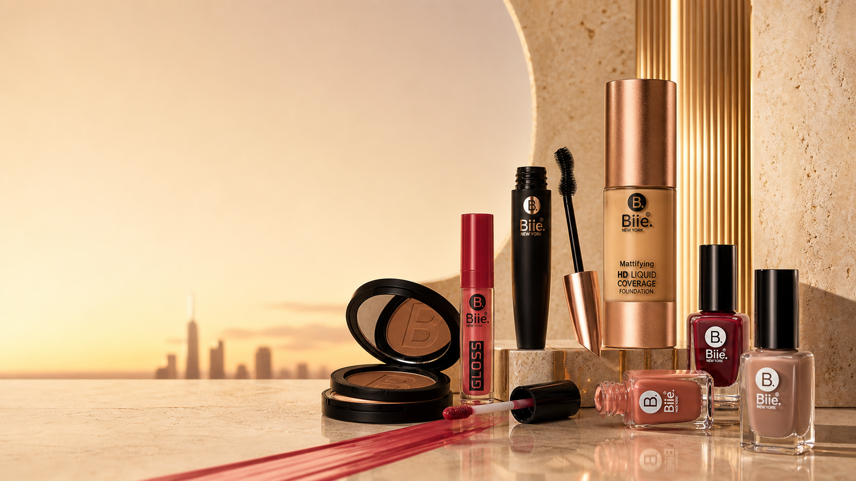 BIEE New York makeup arranged on warm Gulf stone with foundation, mascara, lip color, and nail polish